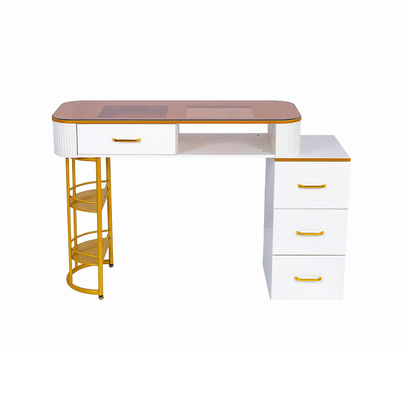 HZ2055 / HZ2055B Manicure table glass top nail desk station with 4 drawers & 2-tier storage shelves