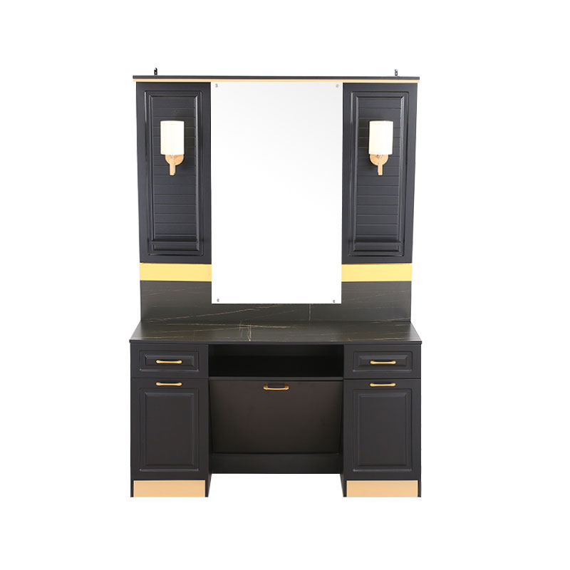 HZ2038 Black & gold vanity desk with touch screen mirror and lights & charging station