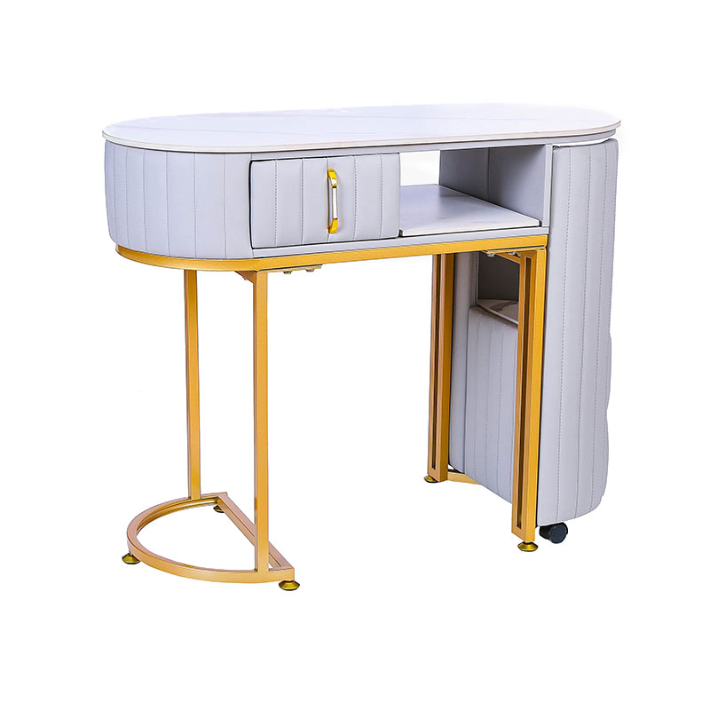 HZ2061 Nail tech table with storage drawers and open shelves metal stand with moving wheels